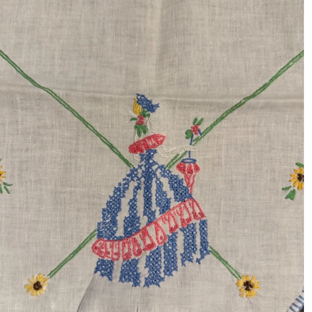 Vintage 17X34 Embroidered Table Runner Crinoline Lady Sunflower White Linen Blue
